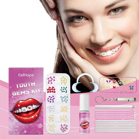 Kit de Bijoux Dentaires DIY Professionnel Avec Gemmes Colle Lampe UV Stylo à Gemmes Ouvre-bouche Strass Multicolores Cœur Étoile Kit de Beauté Dentaire