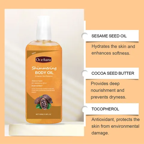 Aceite Corporal Brillante OCEAURA Hidratante Iluminador Aceite de Masaje Nutritivo Con Manteca de Cacao Aceite de Jojoba Para Mujeres