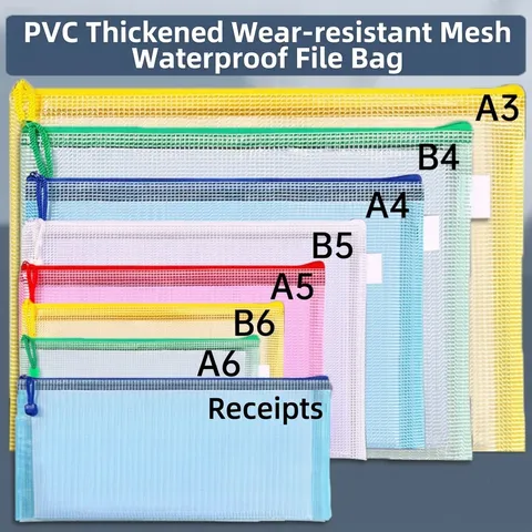 Waterproof Thickened PVC Mesh Zipper File Bags Large Capacity Transparent Document Storage Bags A3 A4 A5 B4 B5 Receipt Sizes Student Office School Supplies