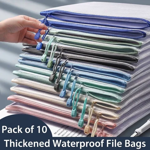 A4 Transparent Mesh Document Bag Waterproof Grid Zipper File Folder For Student School Office Stationery Storage Organizer