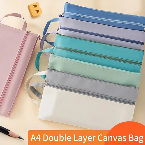 Morandi A4 Canvas Document Bag Double Layer Capacity Portable Zipper File Folder Student Office Organizer Storage Pouch