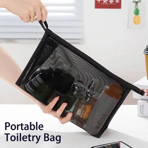 Portable Black Mesh Makeup Bag Large Capacity Nylon Transparent Toiletry Storage Pouch Zipper Travel Organizer For Women