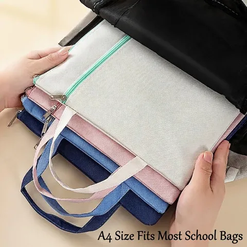 Morandi A4 Canvas Document Bag Double Layer Capacity Portable Zipper File Folder Student Office Organizer Storage Pouch