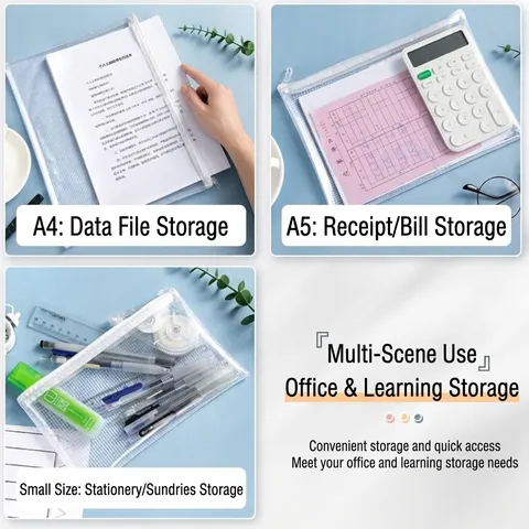 Transparent PVC Mesh File Bag A4 A5 Zipper Pencil Case Student Exam Document Storage Bag Waterproof Portable Office Supplies