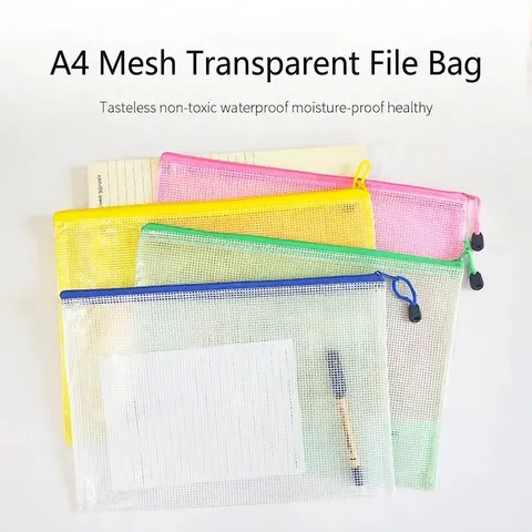 Transparent Mesh Zipper File Bag Waterproof PVC Document Storage Pouch For Office School Students Bill Sheet Organizer