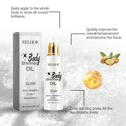 Fashion Luxury Brightening Shimmering Silver Body Oil Highlighter Shimmer Liquid Glow Body Luminizer For Face Skin Party Vacation