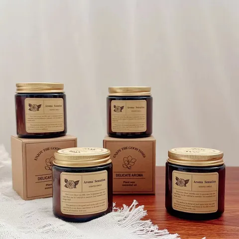 Vela Aromática de Cera de Soja Hecha a Mano en Tarro de Vidrio Ámbar Con Tapa de Metal Para Decoración del Hogar Regalo