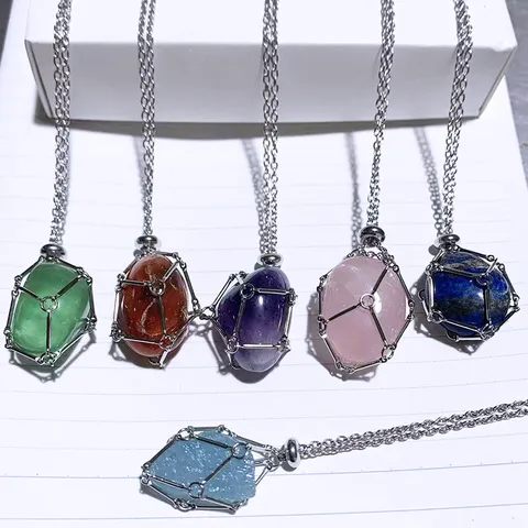 Natural Crystal Raw Stone Pendant Necklace Metal Mesh Pocket Bamboo Weave Cage Necklace Adjustable Alloy Link Chain Jewelry For Women Men