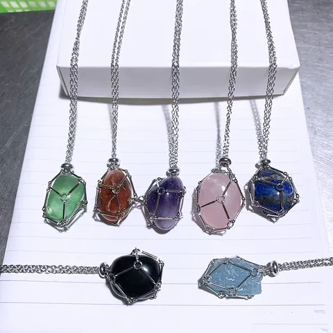 Natural Crystal Raw Stone Pendant Necklace Metal Mesh Pocket Bamboo Weave Cage Necklace Adjustable Alloy Link Chain Jewelry For Women Men