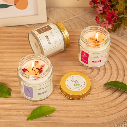 Handmade Soy Wax Scented Candles In Clear Glass Jar With Metal Lid Dried Flower Petals Herbal Aromatherapy Candle For Home Decor Gift