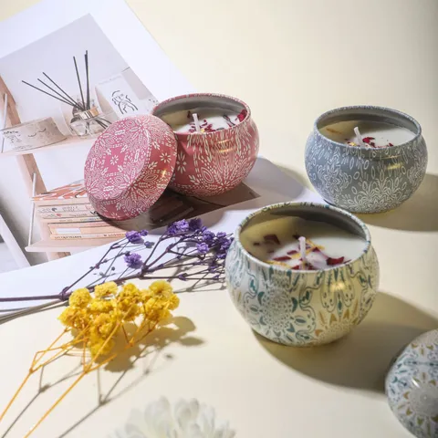 Scented Candle Gift Set Soy Wax Dried Flower Candles In Printed Tins For Women Birthday Wedding Gift Home Fragrance Aromatherapy Candles
