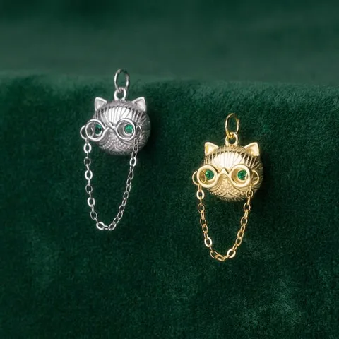 Pendentif Chat à Lunettes Hip Hop en Argent Sterling 925 Avec Yeux en Strass Verts Chaîne Fine Frange Mignon Animaux Breloque pour Fabrication Bijoux DIY