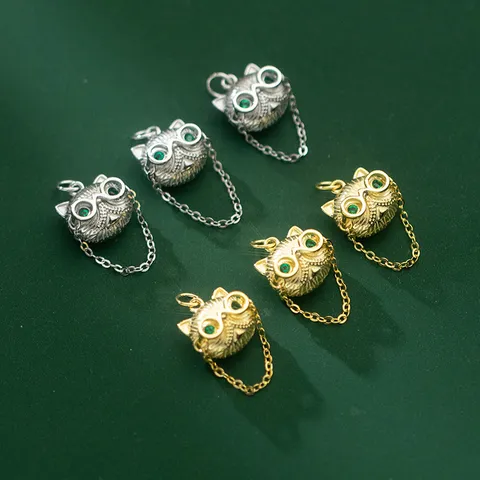 Pendentif Chat à Lunettes Hip Hop en Argent Sterling 925 Avec Yeux en Strass Verts Chaîne Fine Frange Mignon Animaux Breloque pour Fabrication Bijoux DIY