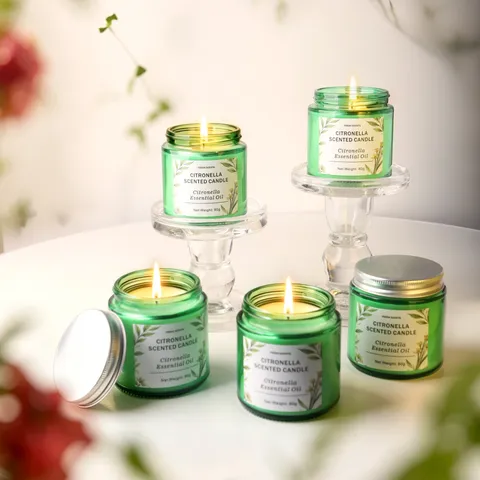 Vela Aromática de Citronela Frasco de Vidrio Verde Cera de Soja Natural Aceite Esencial Repelente de Mosquitos Exterior Hogar