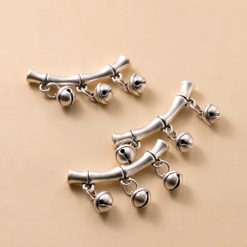 999 Fine Silver 3D Hard Silver Bamboo Joint Curved Tube Pendant With Bell Distressed Antique Style DIY Bracelet Jewelry Finding