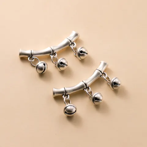 999 Fine Silver 3D Hard Silver Bamboo Joint Curved Tube Pendant With Bell Distressed Antique Style DIY Bracelet Jewelry Finding