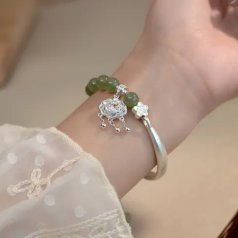 999 Fine Silver Hetian Jade Peace Lock Bracelet For Women Chinese Retro Style Handmade Jade Beads Hand Chain Jewelry Gift