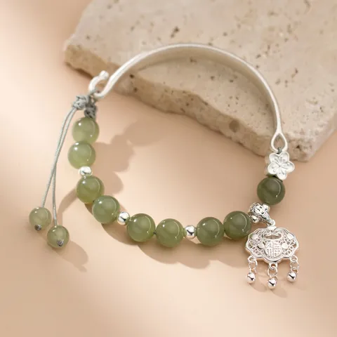 999 Fine Silver Hetian Jade Peace Lock Bracelet For Women Chinese Retro Style Handmade Jade Beads Hand Chain Jewelry Gift