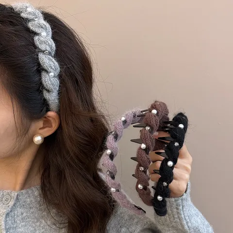 Serre-tête Tressé à Vagues Françaises pour Femmes Sommet du Crâne Haut Antidérapant Perle Artificielle Strass Tricot
