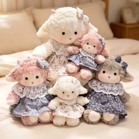 Cute Lamb Plush Toy Stuffed Animal Doll With Floral Dress Lace Collar Soft Sheep Plushie Gift For Girls Children Home Decor