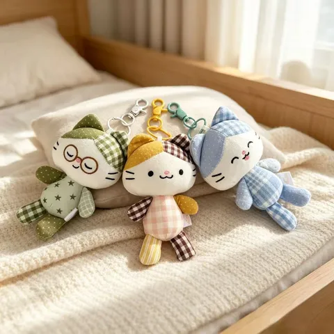 Cute Patchwork Cat Plush Toy Pendant Cartoon Kitten Fabric Keychain Bag Ornament Stuffed Animal Doll For Girls Youth Gift