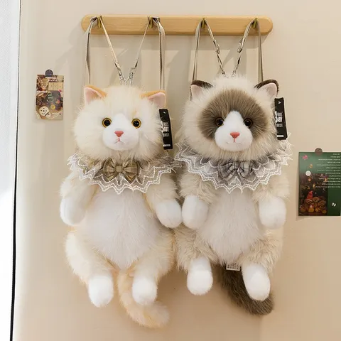 Realistic Ragdoll Cat Plush Backpack Meowing Stuffed Animal Toy With Lace Collar Bowknot For Kids Birthday Gift Home Decor