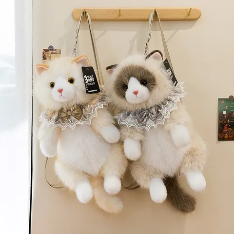 Realistic Ragdoll Cat Plush Backpack Meowing Stuffed Animal Toy With Lace Collar Bowknot For Kids Birthday Gift Home Decor