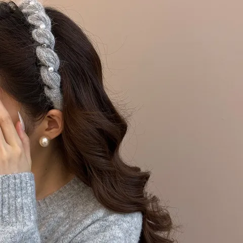 Serre-tête Tressé à Vagues Françaises pour Femmes Sommet du Crâne Haut Antidérapant Perle Artificielle Strass Tricot