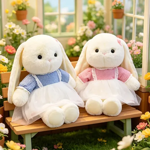 Soft Long Eared Rabbit Plush Toy With Plaid Pinafore Dress Healing Style Soothing Doll Fluffy Stuffed Animal Home Decor Pillow For Kids Gift