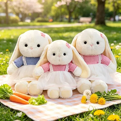 Soft Long Eared Rabbit Plush Toy With Plaid Pinafore Dress Healing Style Soothing Doll Fluffy Stuffed Animal Home Decor Pillow For Kids Gift