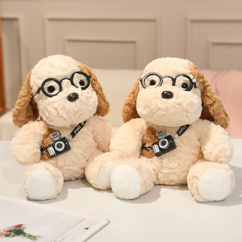 Cute Camera Dog Plush Toy Soft Stuffed Puppy Doll With Glasses Smile Strap For Kids Birthday Gift Home Decoration