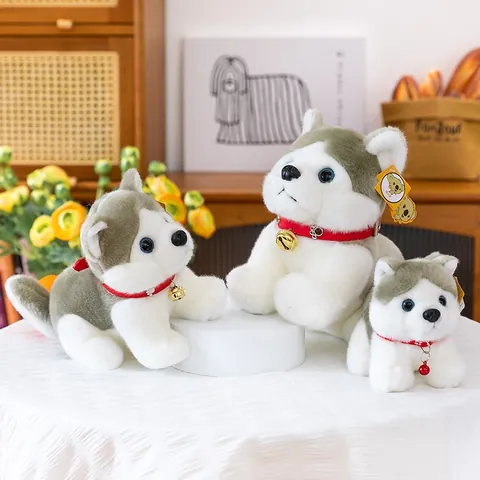 Realistic Husky Plush Toy Simulation Dog Stuffed Animal Red Collar Bell Decoration Soft Furry Puppy Doll Kids Birthday Gift