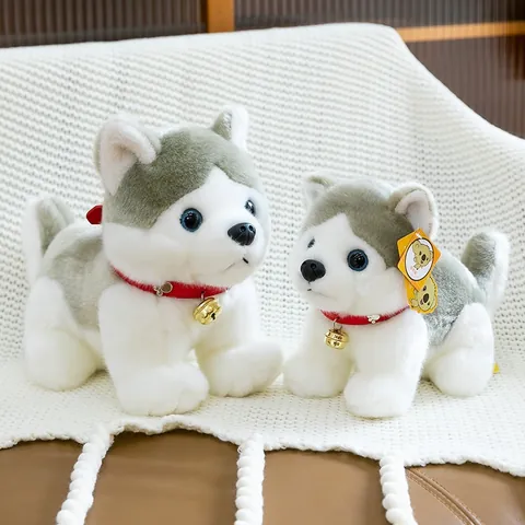 Realistic Husky Plush Toy Simulation Dog Stuffed Animal Red Collar Bell Decoration Soft Furry Puppy Doll Kids Birthday Gift
