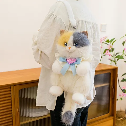 Realistische Glückskatze Plüschtier Niedliche Kätzchen Kuscheltier Puppe Mit Herzanhänger Plüsch Rucksack Für Kinder Geburtstagsgeschenk