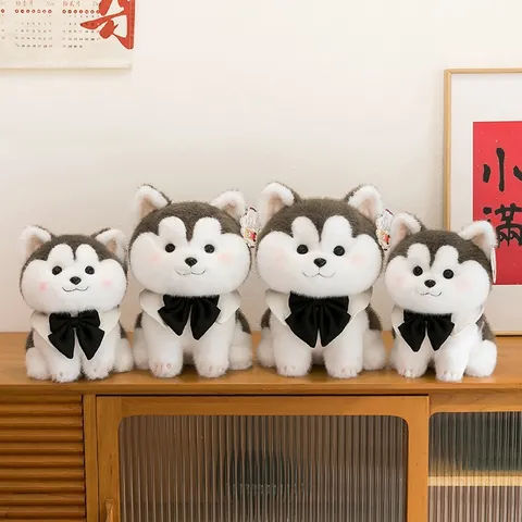 Cute Cartoon Husky Plush Toy Grey White Puppy Dog Stuffed Animal Doll With Bow Tie Ornament Soft Companion Toy For Kids Girls Gift