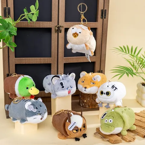 Cute Cartoon Animal Emoji Plush Keychain Coin Purse Pallas Cat Owl Fox Duck Stuffed Toy Pendant Bag Charm Gift