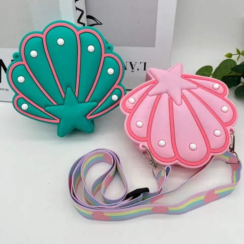 Cute Shell Shape Silicone Coin Purse For Kids Rainbow Adjustable Strap Cartoon Star Crossbody Shoulder Bag Waterproof Decor Purse