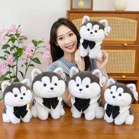 Cute Cartoon Husky Plush Toy Grey White Puppy Dog Stuffed Animal Doll With Bow Tie Ornament Soft Companion Toy For Kids Girls Gift