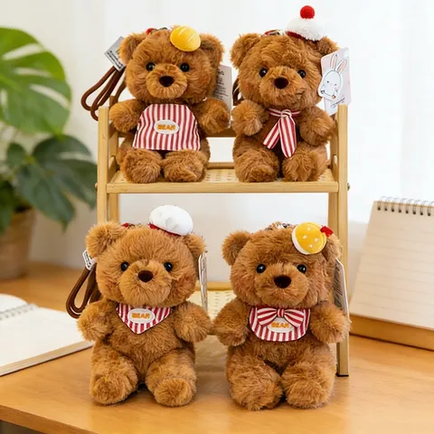 Cute Fox Bear Plush Toy Keychain Bag Ornament Stuffed Animal Doll With Chef Hat Striped Bib For Kids Gift Decoration