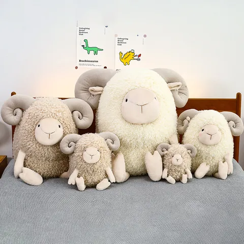 Simulation Curly Sheep Plush Toy Cute Soft Lamb Doll With Spiral Horns Stuffed Animal For Kids Gift Home Decoration