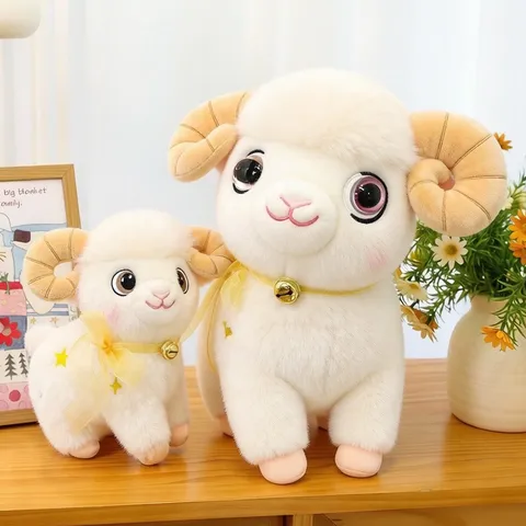 Cute Realistic Sheep Plush Toy Stuffed Animal Bed Pillow With Star Embroidery Bell Ribbon For Kids Birthday Gift Home Decoration