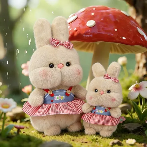 Cute Happy Rabbit Plush Toy Soft Stuffed Animal With Red Checkered Dress And Blue Pinafore Soothing Doll For Girls Children Gift