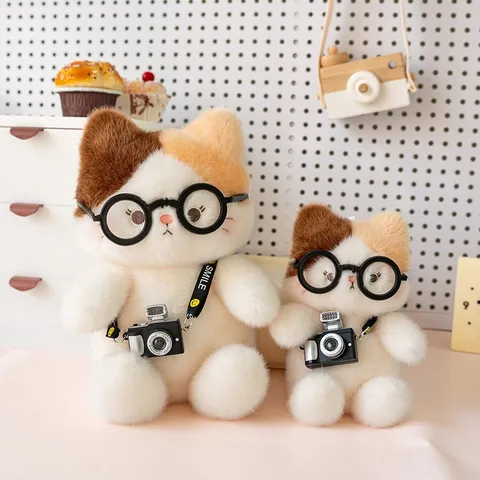 Cute Calico Cat Plush Toy With Glasses And Camera Decorative Stuffed Animal Cat Doll For Kids Gift Home Decoration