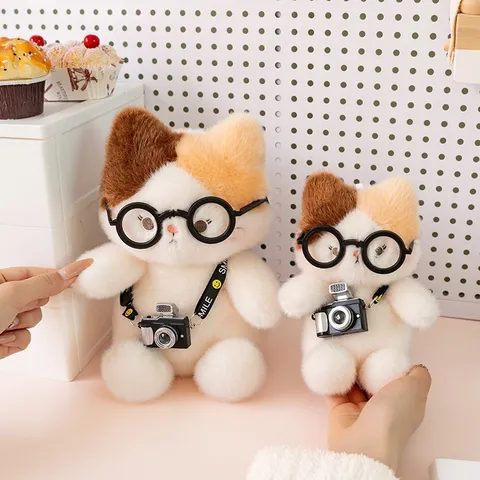 Cute Calico Cat Plush Toy With Glasses And Camera Decorative Stuffed Animal Cat Doll For Kids Gift Home Decoration