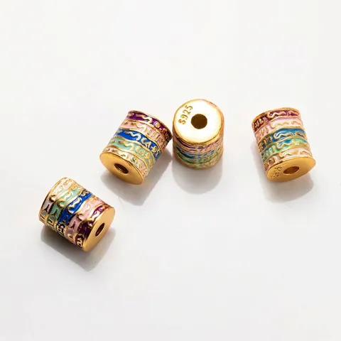 925 Sterling Silver Electroplated Gold Enamel Sutra Barrel Bead Loose Spacer Bead For DIY Jewelry Making Handmade Gift