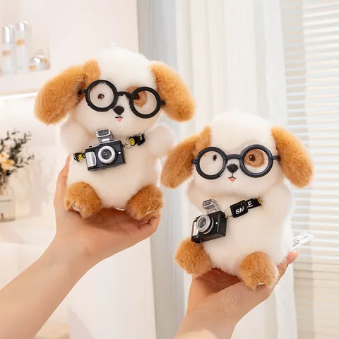 Peluche Chiot Mignon Poupée de Chien Dessin Animé Avec Lunettes Et Appareil Photo Animal En Peluche Décoratif Cadeau Anniversaire Enfants
