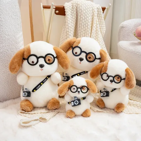Peluche Chiot Mignon Poupée de Chien Dessin Animé Avec Lunettes Et Appareil Photo Animal En Peluche Décoratif Cadeau Anniversaire Enfants
