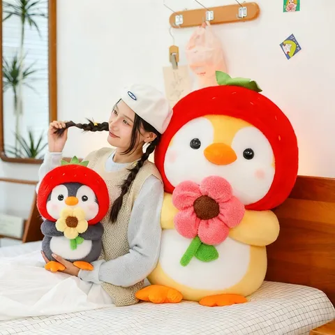 Cute Strawberry Penguin Plush Toy Soft Stuffed Animal Doll Holding Sunflower Strawberry Hat Penguin For Kids Gift Home Decoration