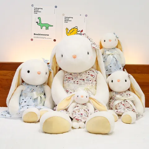 Cute Cartoon Plush Rabbit Toy With Floral Dress Bowknot Soft Stuffed Animal Long Ear Soothe Rabbit Doll Cushion Decor Gift For Kids