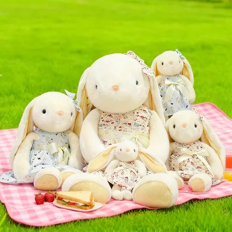 Cute Cartoon Plush Rabbit Toy With Floral Dress Bowknot Soft Stuffed Animal Long Ear Soothe Rabbit Doll Cushion Decor Gift For Kids